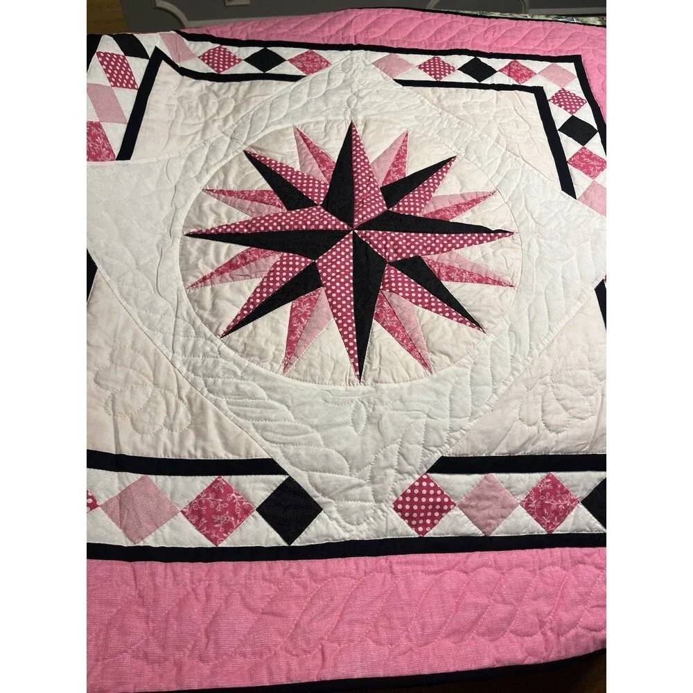 Hand Sewn Mariner’s Compass Black Pink White 45x45” Wall Hanging Lap Blanket